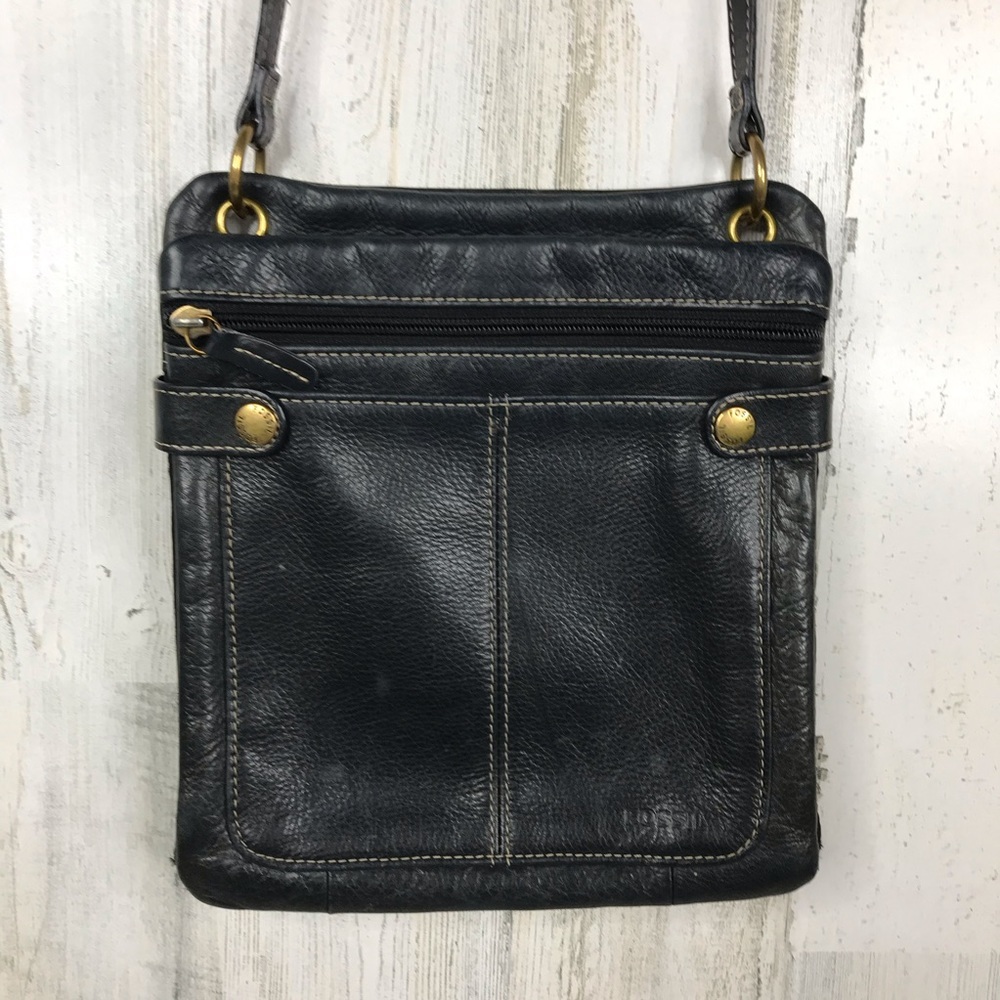 Fossil blue black leather organizer crossbody bag